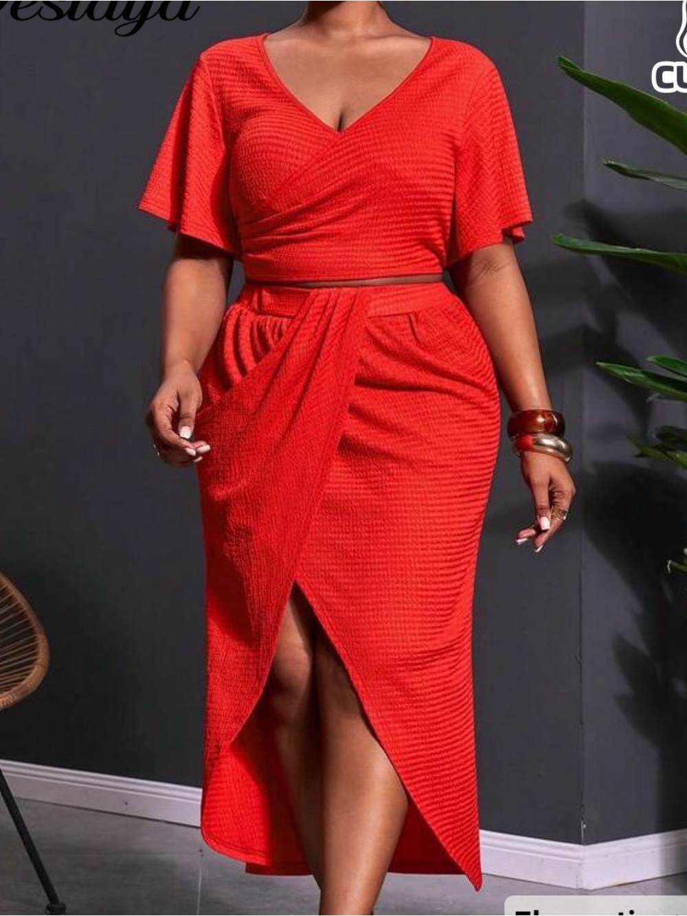 Women's Red Two-Piece Knit Crop Top & Wrap Skirt Set